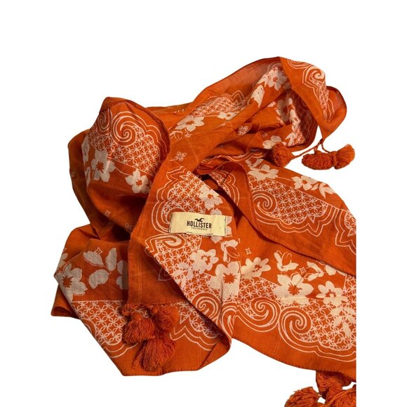 VTG Hollister Orange Boho Tassel Scarf Square Floral Print Wrap Shawl Bohemian - Picture 2 of 6